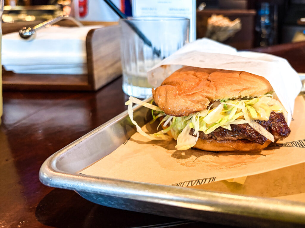Smashburger on a metal tray at Final Final sports bar, Cow Hollow Marina District, San Francisco CA