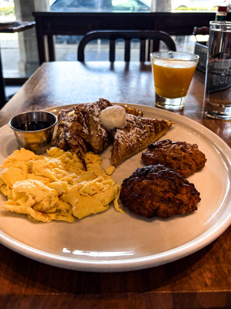 Home Run Special with French toast, scrambled eggs, and housemade chicken sausage at Home Plate, Marina District, San Francisco CA